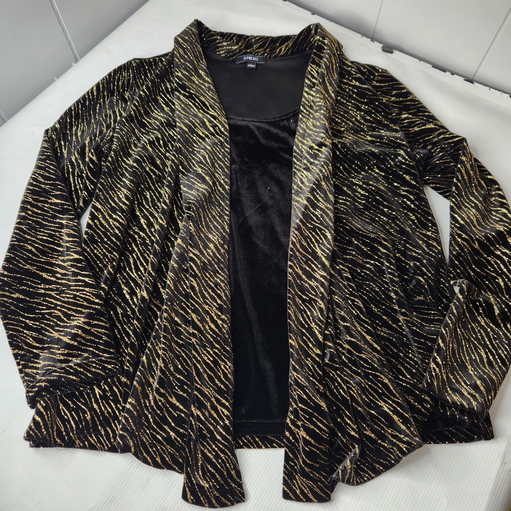 Womens Elementz Black Velvet Glitter Gold Pullover blouse shirt NEW YEARS Large